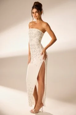 Hand Embellished Bandeau Maxi Dress In Ivory -Pretty Dresses Sales 6900 7 Alcyone Ivory Corsetted Maxi With Split Scayyered Embelishement