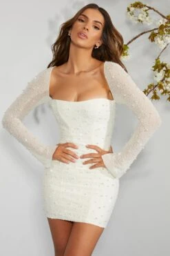 Long Sleeve Embellished Corset Mini Dress In Ivory -Pretty Dresses Sales 6902 1 Ivory Long Sleeved Embellished Lace Up Back Mini Dress