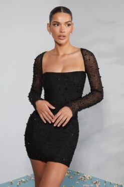 Long Sleeve Embellished Corset Mini Dress In Black 16 Long Sleeve Embellished Corset Mini Dress In Black -Pretty Dresses Sales 6902 1 Milan Black Long Sleeve Mini Dress