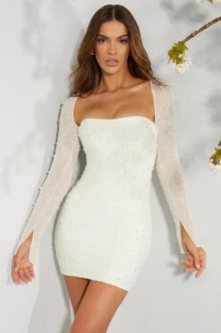 Long Sleeve Embellished Corset Mini Dress In Ivory -Pretty Dresses Sales 6902 5 Ivory Long Sleeved Embellished Lace Up Back Mini Dress