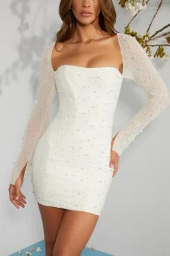 Long Sleeve Embellished Corset Mini Dress In Ivory -Pretty Dresses Sales 6902 6 Ivory Long Sleeved Embellished Lace Up Back Mini Dress