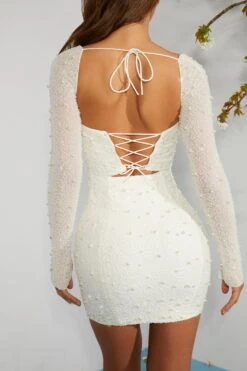 Long Sleeve Embellished Corset Mini Dress In Ivory -Pretty Dresses Sales 6902 8 Ivory Long Sleeved Embellished Lace Up Back Mini Dress