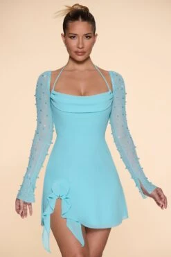 Long Sleeve Cowl Neck A-Line Mini Dress In Aqua -Pretty Dresses Sales 6904 1 Florence Aqua Long Sleeves Cowl Neck A Line Mini Dress