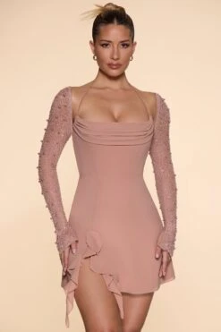 Long Sleeve Cowl Neck A-Line Mini Dress In Beige -Pretty Dresses Sales 6904 1 Florence Beige Cowl Neck A Line Dress