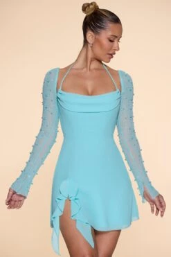 Long Sleeve Cowl Neck A-Line Mini Dress In Aqua -Pretty Dresses Sales 6904 2 Florence Aqua Cowl Neck A Line Dress