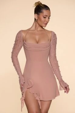 Long Sleeve Cowl Neck A-Line Mini Dress In Beige -Pretty Dresses Sales 6904 2 Florence Beige Cowl Neck A Line Dress