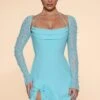 Long Sleeve Cowl Neck A-Line Mini Dress In Aqua