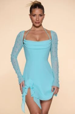 Long Sleeve Cowl Neck A-Line Mini Dress In Aqua