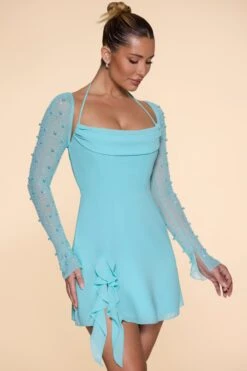 Long Sleeve Cowl Neck A-Line Mini Dress In Aqua -Pretty Dresses Sales 6904 4 Florence Aqua Cowl Neck A Line Dress