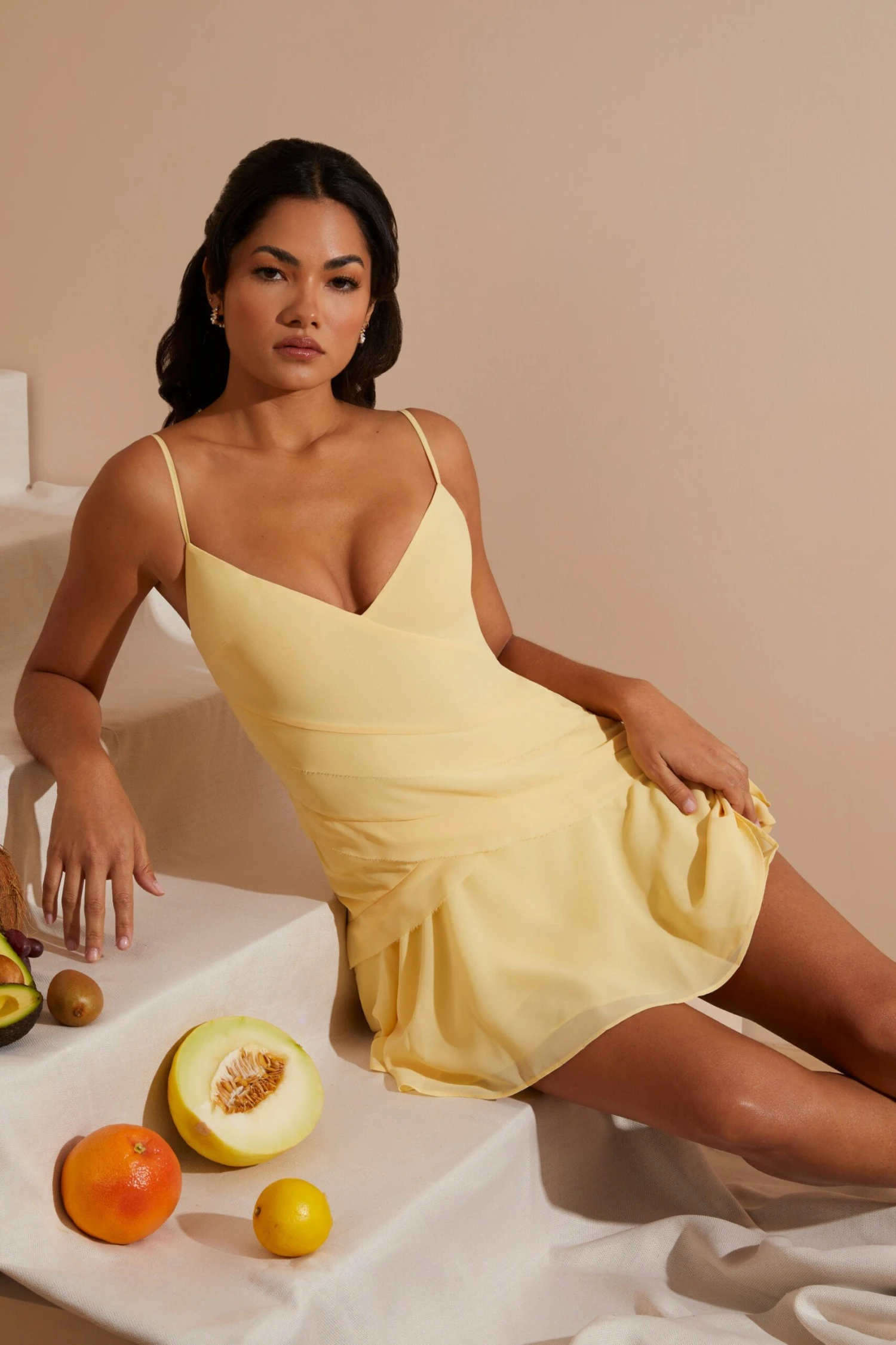 Asymmetric Multi Strap Ruffle Detail Mini Dress In Yellow 5 Asymmetric Multi Strap Ruffle Detail Mini Dress In Yellow - Image 5