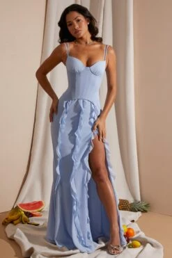 Corset Frill Skirt Maxi Dress In Blue -Pretty Dresses Sales 6917 2 Blue Corset gown Ruffle Dress