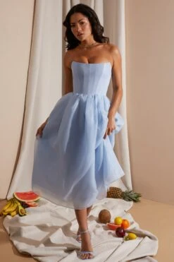 Strapless Corset Tulle Midi Dress In Blue -Pretty Dresses Sales 6921 2 Blue Strapless Box Pleat Midi Dress