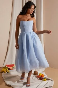 Strapless Corset Tulle Midi Dress In Blue -Pretty Dresses Sales 6921 3 Blue Strapless Box Pleat Midi Dress