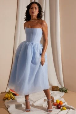 Strapless Corset Tulle Midi Dress In Blue -Pretty Dresses Sales 6921 4 Blue Strapless Box Pleat Midi Dress