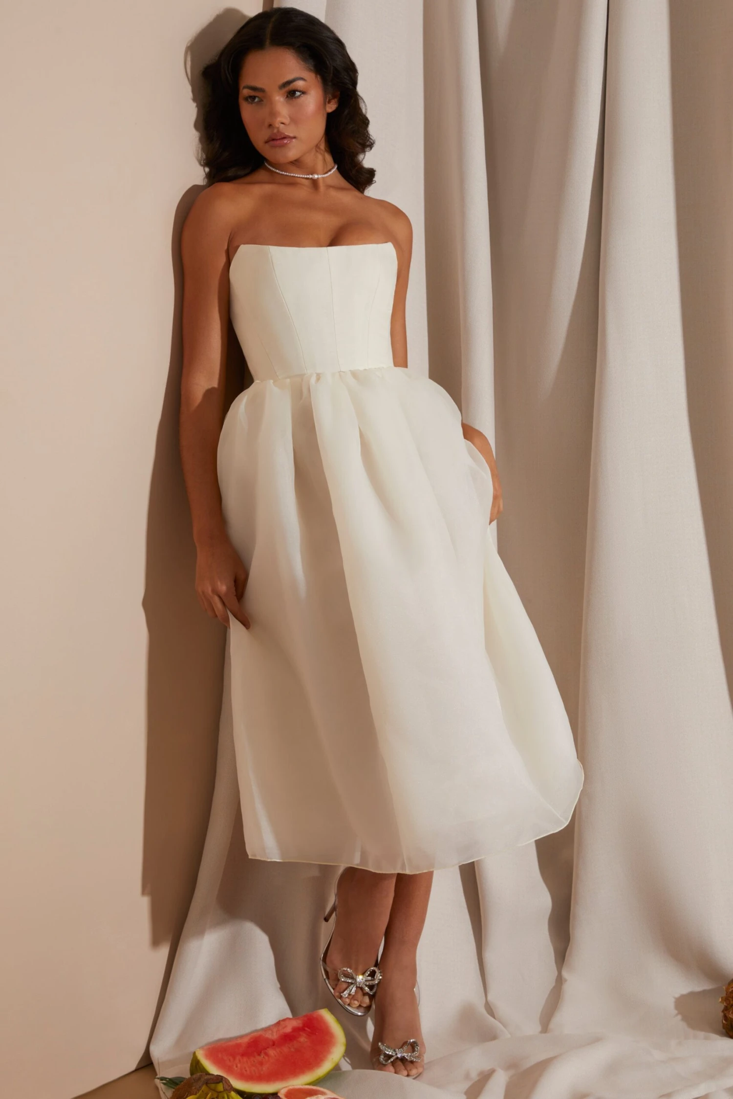 Strapless Corset Tulle Midi Dress In White 6 Strapless Corset Tulle Midi Dress In White - Image 6