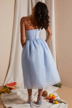 Strapless Corset Tulle Midi Dress In Blue -Pretty Dresses Sales 6921 6 Blue Strapless Box Pleat Midi Dress