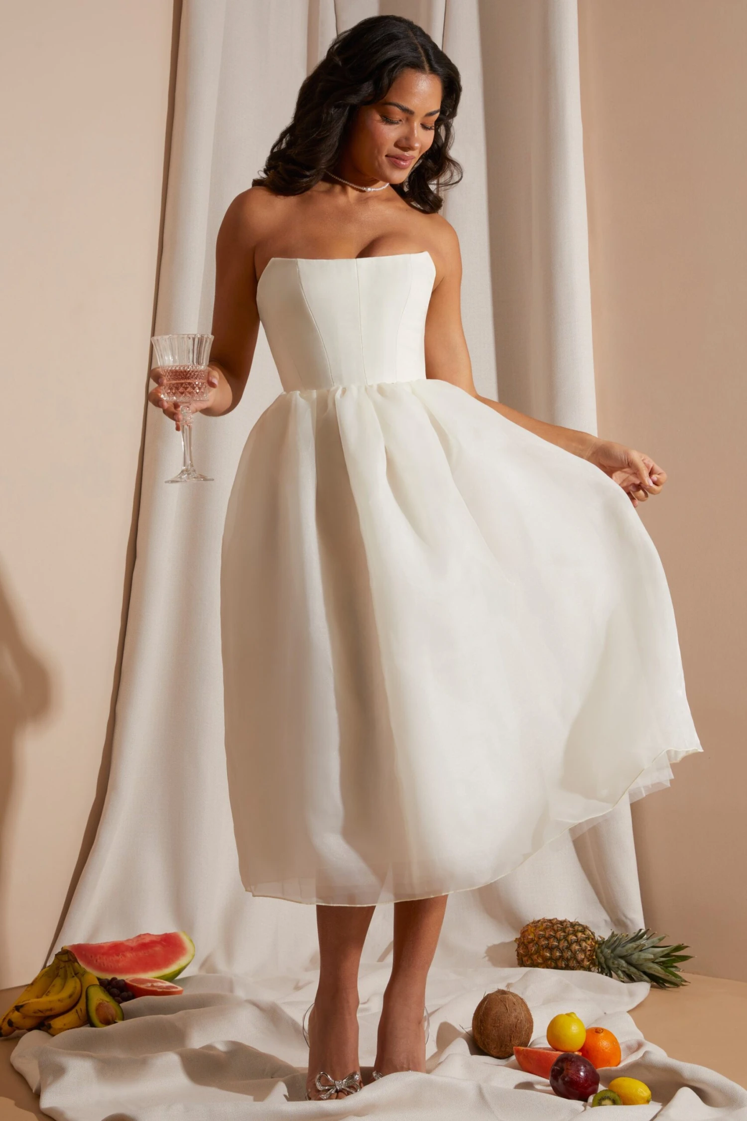 Strapless Corset Tulle Midi Dress In White 9 Strapless Corset Tulle Midi Dress In White - Image 9