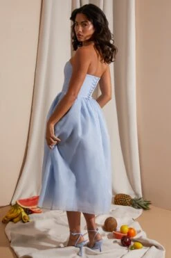 Strapless Corset Tulle Midi Dress In Blue -Pretty Dresses Sales 6921 7 Blue Strapless Box Pleat Midi Dress