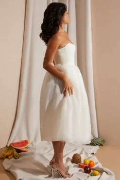 Strapless Corset Tulle Midi Dress In White 12 Strapless Corset Tulle Midi Dress In White -Pretty Dresses Sales 6921 7 White Strapless Box Pleat Midi
