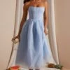 Strapless Corset Tulle Midi Dress In Blue