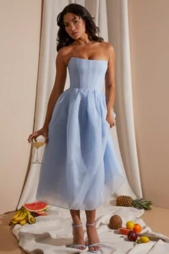 New Release 7 Strapless Corset Tulle Midi Dress In Blue