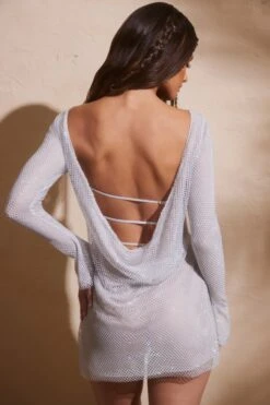 Embellished Long Sleeve Cowl Back Mini Dress In Silver -Pretty Dresses Sales 6933 8 Silver Cowl Back Dress