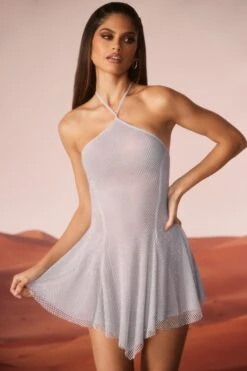 Embellished Lace Up Back Mini Dress In Silver -Pretty Dresses Sales 6937 3 Silver Lace Up Back Mini Dress