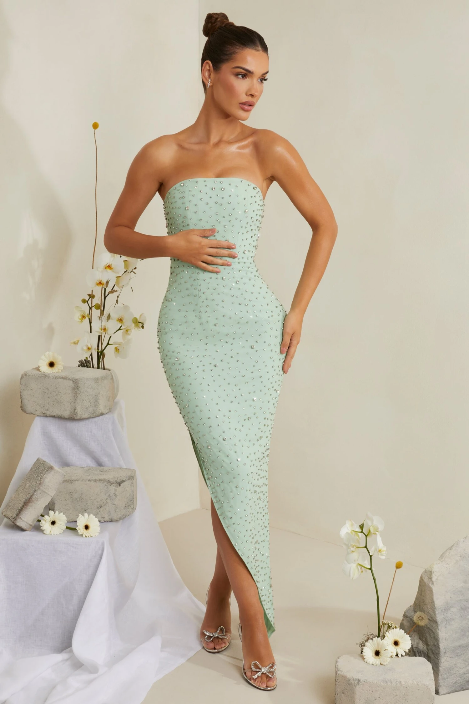 Hand Embellished Asymmetric Midi Dress In Sage 6 Hand Embellished Asymmetric Midi Dress In Sage - Image 6