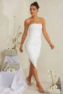 Hand Embellished Asymmetric Midi Dress In White -Pretty Dresses Sales 6988 3 Vivica White Assymetric Draped Midi Dress