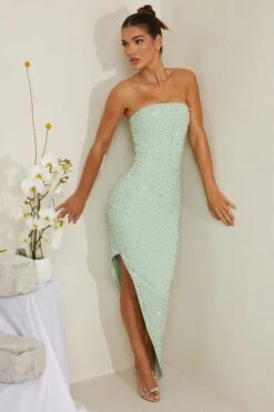 Hand Embellished Asymmetric Midi Dress In Sage 15 Hand Embellished Asymmetric Midi Dress In Sage -Pretty Dresses Sales 6988 4 Vivica Sage Assymetric Draped Midi Dress