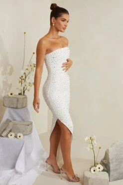 Hand Embellished Asymmetric Midi Dress In White -Pretty Dresses Sales 6988 8 Vivica White Assymetric Draped Midi Dress