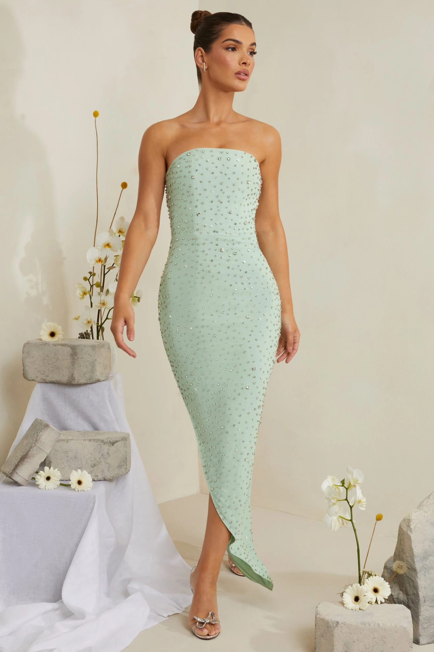Hand Embellished Asymmetric Midi Dress In Sage 8 Hand Embellished Asymmetric Midi Dress In Sage - Image 8