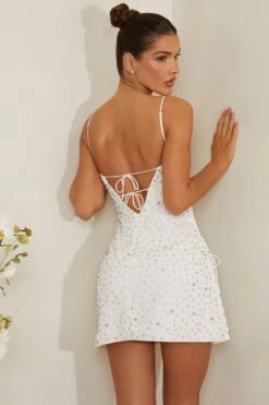 Hand Embellished Cowl Neck Mini Dress In White 19 Hand Embellished Cowl Neck Mini Dress In White -Pretty Dresses Sales 7179 10 Signe White Cowl Aline Mini Hand Embellished