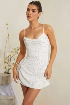 Hand Embellished Cowl Neck Mini Dress In White 15 Hand Embellished Cowl Neck Mini Dress In White -Pretty Dresses Sales 7179 1 Signe White Cowl Aline Mini Hand Embellished