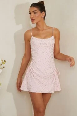 Hand Embellished Cowl Neck Mini Dress In Pink -Pretty Dresses Sales 7179 5 Signe Pink Cowl Aline Mini Hand Embellished