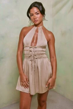 Halter Neck Cut Out Shirred Mini Dress In Sand -Pretty Dresses Sales 7191 1 Tulia Sand Crinkle Tie Up Halterneck Shirring Mini Dress