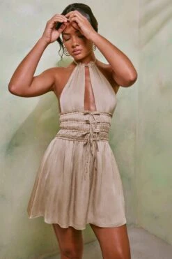 Halter Neck Cut Out Shirred Mini Dress In Sand -Pretty Dresses Sales 7191 2 Tulia Sand Crinkle Tie Up Halterneck Shirring Mini Dress