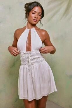 Halter Neck Cut Out Shirred Mini Dress In White -Pretty Dresses Sales 7191 2 Tulia White Crinkle Tie Up Halterneck Shirring Mini
