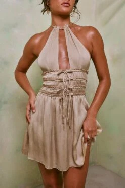 Halter Neck Cut Out Shirred Mini Dress In Sand -Pretty Dresses Sales 7191 4 Tulia Sand Crinkle Tie Up Halterneck Shirring Mini Dress