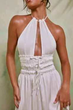 Halter Neck Cut Out Shirred Mini Dress In White -Pretty Dresses Sales 7191 4 Tulia White Crinkle Tie Up Halterneck Shirring Mini