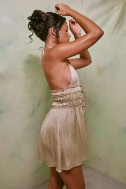 Halter Neck Cut Out Shirred Mini Dress In Sand -Pretty Dresses Sales 7191 5 Tulia Sand Crinkle Tie Up Halterneck Shirring Mini Dress