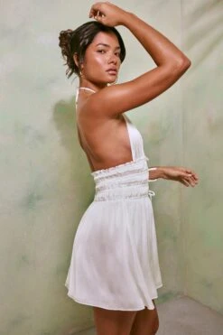 Halter Neck Cut Out Shirred Mini Dress In White -Pretty Dresses Sales 7191 5 Tulia White Crinkle Tie Up Halterneck Shirring Mini