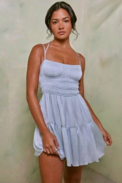 Shirred Bodice A-Line Mini Dress In Sky Grey -Pretty Dresses Sales 7192 2 Clelia Sky Grey Crinkle Shirring Aline Mini Dress