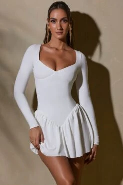 Long Sleeve Layered A-Line Mini Dress In White -Pretty Dresses Sales 7311 3 Keziah White Long Sleeve Mini Dress
