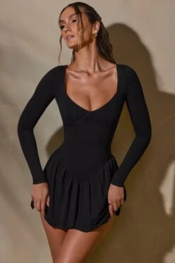 Long Sleeve Layered A-Line Mini Dress In Black -Pretty Dresses Sales 7311 4 Keziah Black Long Sleeve Mini Dress