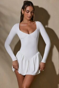 Long Sleeve Layered A-Line Mini Dress In White -Pretty Dresses Sales 7311 4 Keziah White Long Sleeve Mini Dress