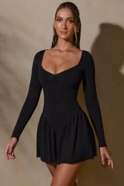 Long Sleeve Layered A-Line Mini Dress In Black -Pretty Dresses Sales 7311 8 Keziah Black Long Sleeve Mini Dress
