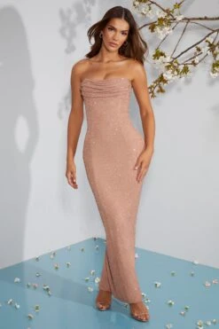Embellished Bandeau Cowl Neck Maxi Dress In Beige -Pretty Dresses Sales 7315 2 Palermo Beige Embellished Bandeau Cowl Midi Dress