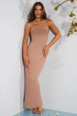 Embellished Bandeau Cowl Neck Maxi Dress In Beige -Pretty Dresses Sales 7315 5 Palermo Beige Embellished Bandeau Cowl Midi Dress