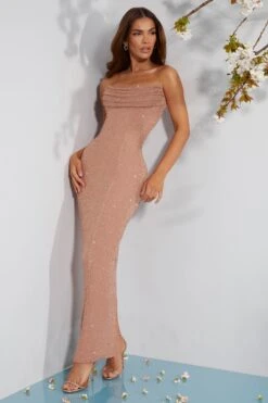 Embellished Bandeau Cowl Neck Maxi Dress In Beige -Pretty Dresses Sales 7315 6 Palermo Beige Embellished Bandeau Cowl Midi Dress